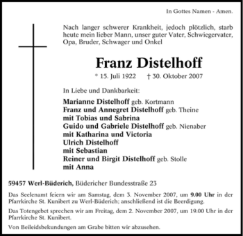 Traueranzeige von Franz Distelhoff von Tageszeitung