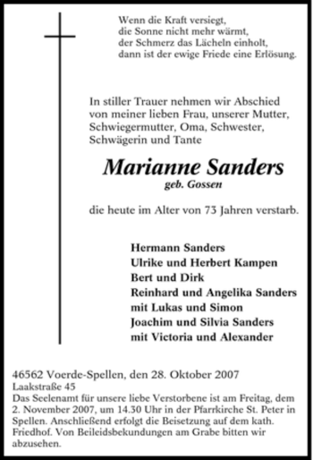 Traueranzeige von Marianne Sanders von Tageszeitung