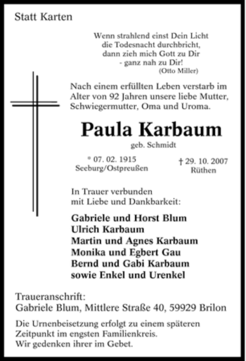 Traueranzeige von Paula Karbaum von Tageszeitung
