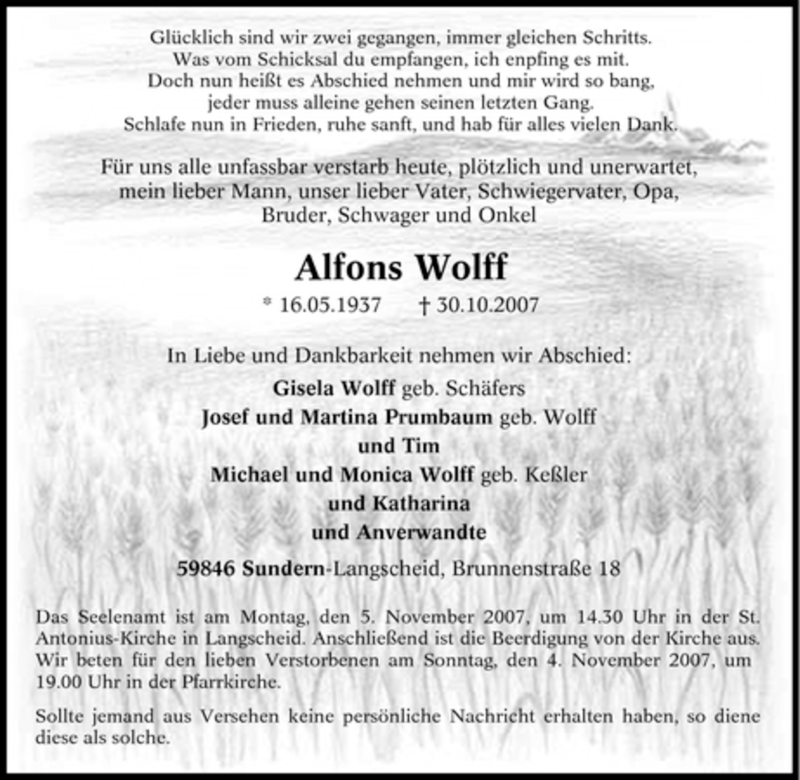 Traueranzeigen Von Alfons Wolff | Trauer-in-NRW.de