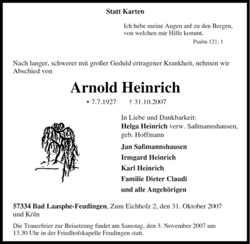 Traueranzeigen von Arnold Heinrich TrauerinNRW.de