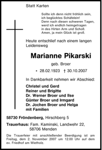 Traueranzeige von Marianne Pikarski von Tageszeitung