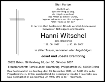 Traueranzeige von Hanni Witschel von Tageszeitung