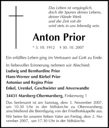 Traueranzeige von Anton Prior von Tageszeitung