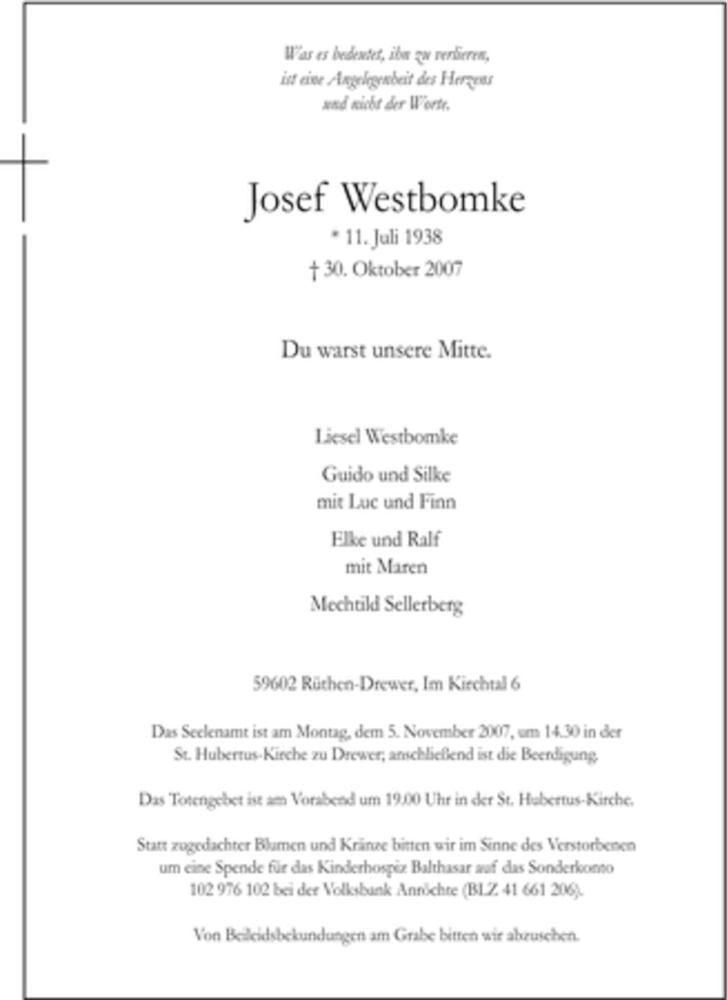  Traueranzeige für Josef West vom 01.11.2007 aus Tageszeitung