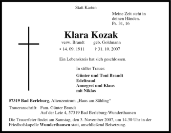 Traueranzeige von Klara Kozak von Tageszeitung