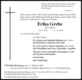Traueranzeige von Erika Grebe von Tageszeitung
