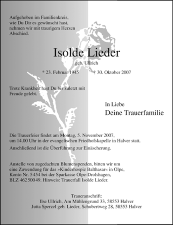 Traueranzeige von Isolde Lieder von Tageszeitung