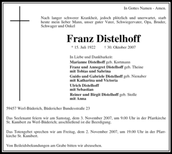 Traueranzeige von Franz Distelhoff von Tageszeitung