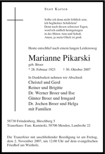 Traueranzeige von Marianne Pikarski von Tageszeitung