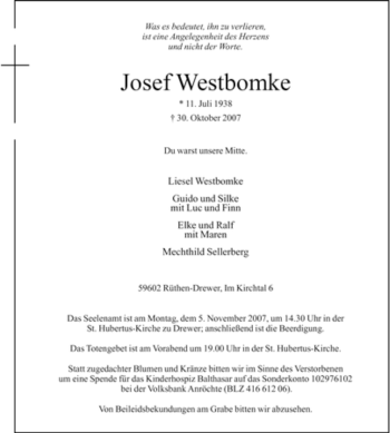 Traueranzeige von Josef Westbomke von Tageszeitung