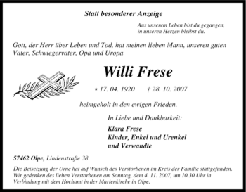 Traueranzeige von Willi Frese von Tageszeitung