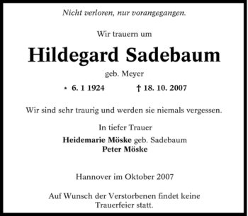 Traueranzeige von Hildegard Sadebaum von Tageszeitung