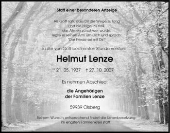 Traueranzeige von Helmut Lenze von Tageszeitung
