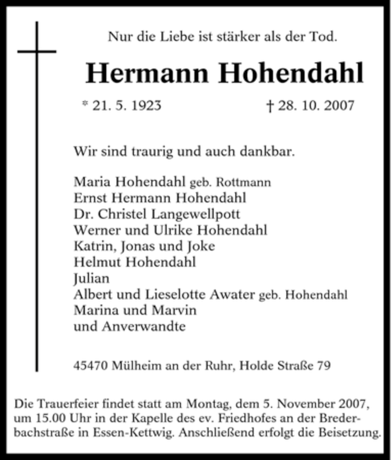  Traueranzeige für Hermann Hohendahl vom 03.11.2007 aus Tageszeitung