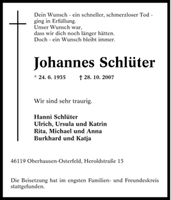 Traueranzeige von Johannes Schlüter von Tageszeitung