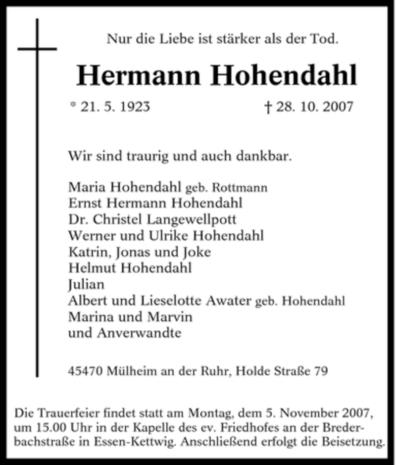  Traueranzeige für Hermann Hohendahl vom 03.11.2007 aus Tageszeitung