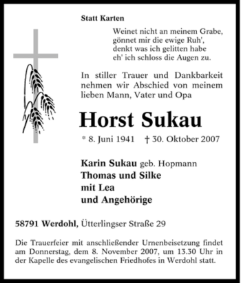 Traueranzeige von Horst Sukau von Tageszeitung