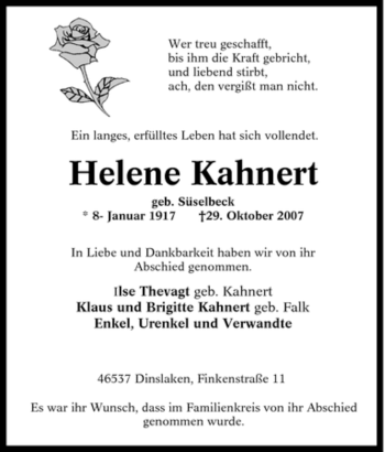 Traueranzeige von Helene Kahnert von Tageszeitung