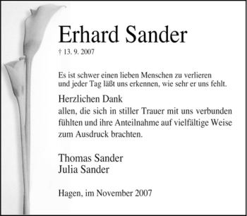 Traueranzeige von Erhard Sander von Tageszeitung