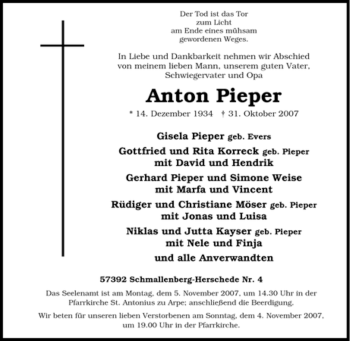 Traueranzeige von Anton Pieper von Tageszeitung