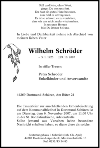 Traueranzeige von Wilhelm Schröder von Tageszeitung