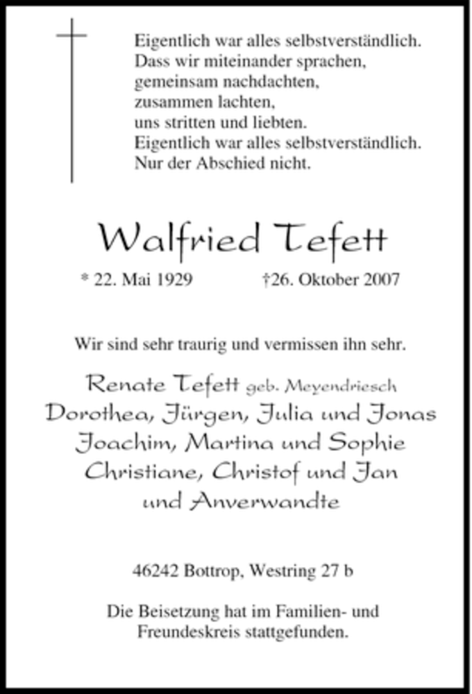  Traueranzeige für Walfried Tefett vom 03.11.2007 aus Tageszeitung