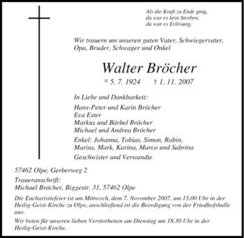 Traueranzeige von Walter Bröcher von Tageszeitung