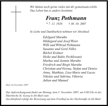 Traueranzeige von Franz Pothmann von Tageszeitung