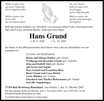 Traueranzeige von Hans Grund von Tageszeitung