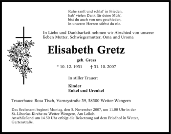 Traueranzeige von Elisabeth Gretz von Tageszeitung