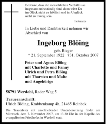 Traueranzeige von Ingeborg Blöing von Tageszeitung