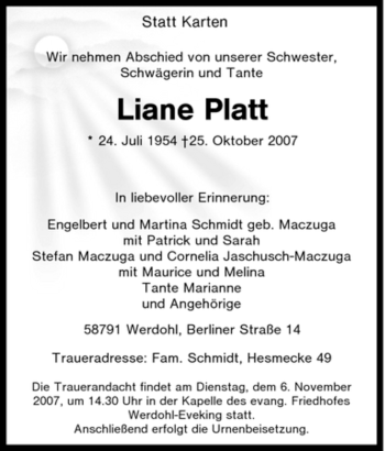 Traueranzeige von Liane Platt von Tageszeitung
