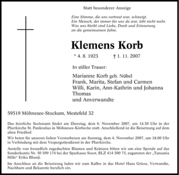Traueranzeige von Klemens Korb von Tageszeitung