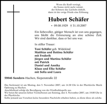 Traueranzeige von Hubert Schäfer von Tageszeitung