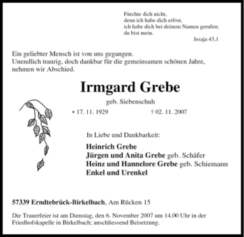 Traueranzeige von Irmgard Grebe von Tageszeitung