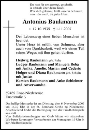 Traueranzeige von Antonius Baukmann von Tageszeitung
