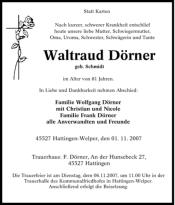 Traueranzeige von Waltraud Dörner von Tageszeitung