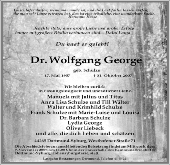 Traueranzeige von Wolfgang George von Tageszeitung