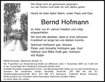 Traueranzeige von Bernd Hofmann von Tageszeitung