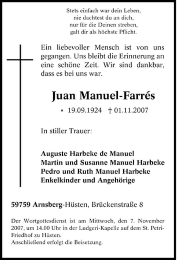  Traueranzeige für Juan Manuel-Farrés vom 03.11.2007 aus Tageszeitung