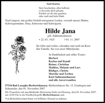 Traueranzeige von Hilde Jana von Tageszeitung