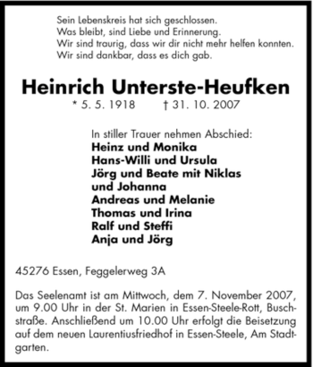 Traueranzeige von Heinrich Unterste-Heufken von Tageszeitung