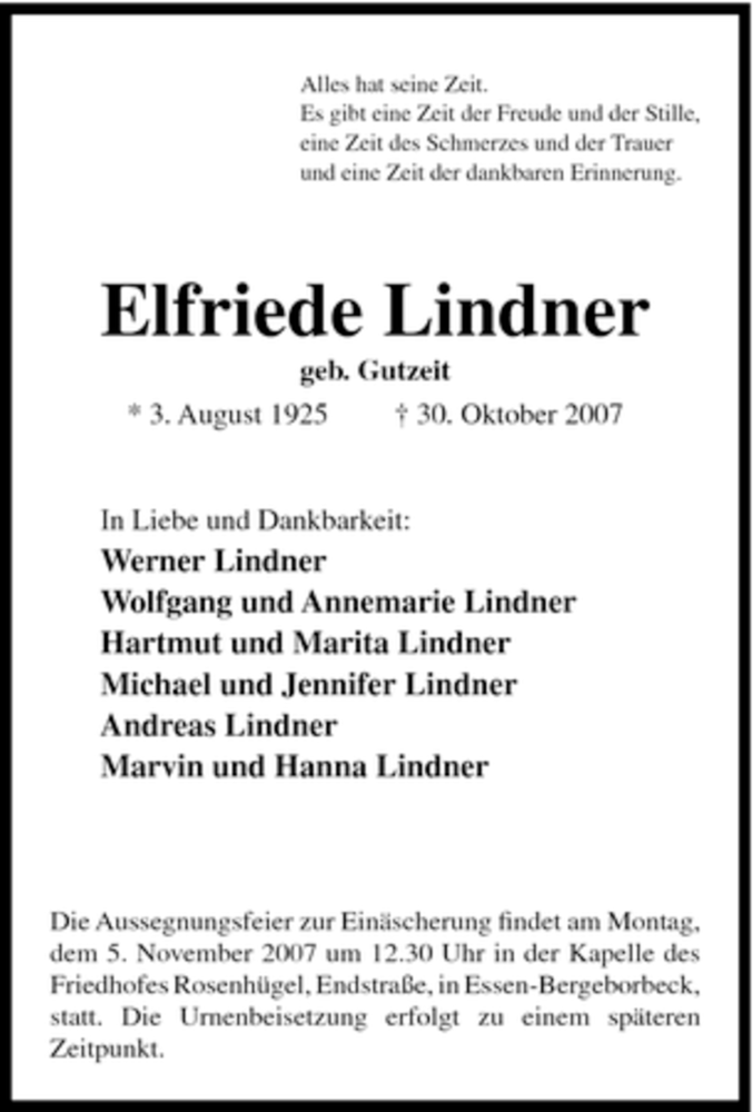  Traueranzeige für Elfriede Lindner vom 03.11.2007 aus Tageszeitung