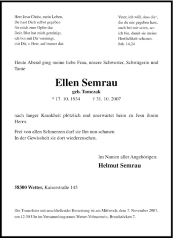 Traueranzeige von Ellen Semrau von Tageszeitung