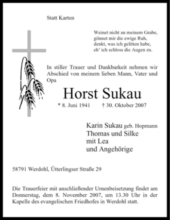 Traueranzeige von Horst Sukau von Tageszeitung