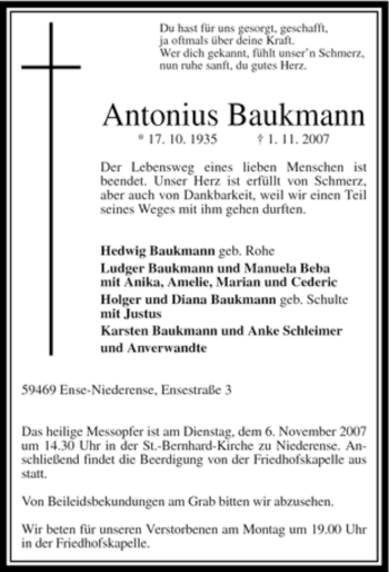 Traueranzeige von Antonius Baukmann von Tageszeitung