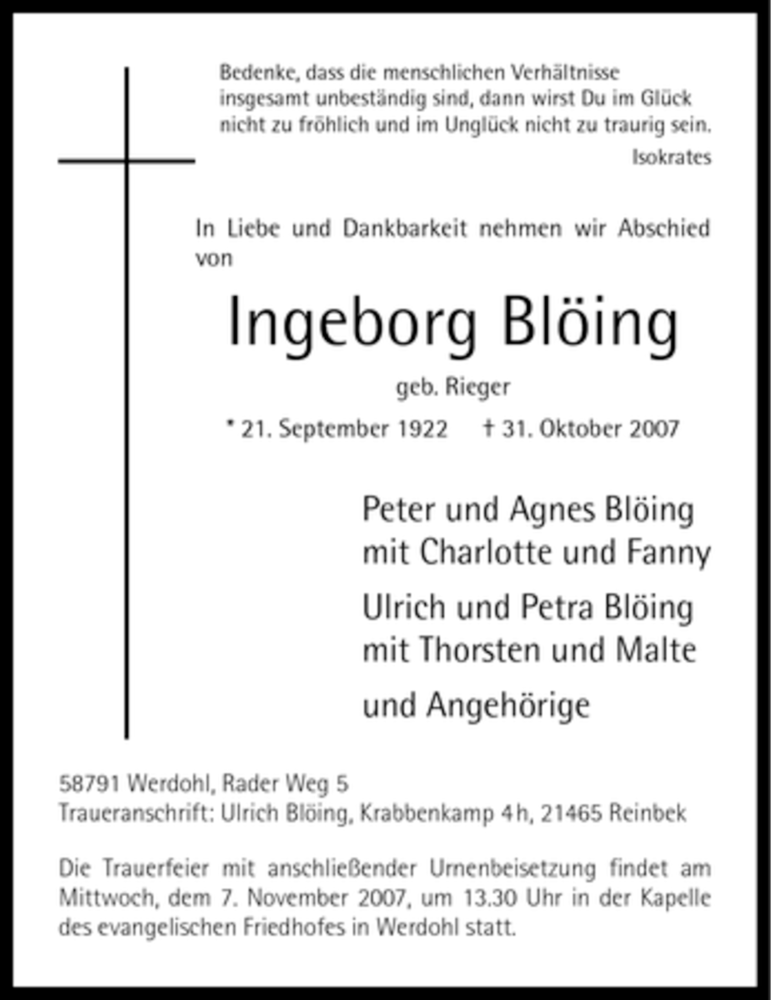  Traueranzeige für Ingeborg Blöing vom 03.11.2007 aus Tageszeitung