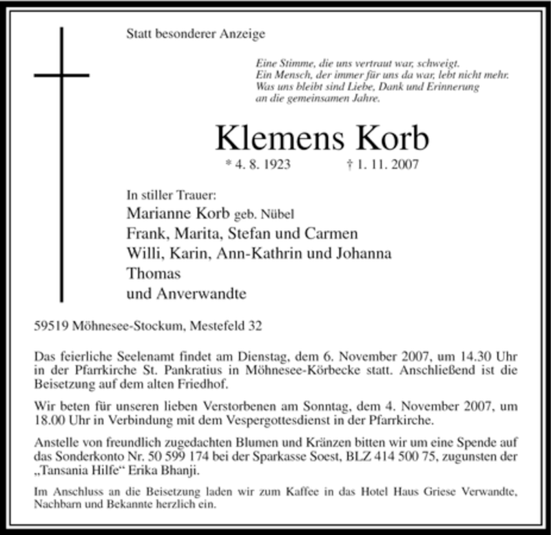  Traueranzeige für Klemens Korb vom 03.11.2007 aus Tageszeitung