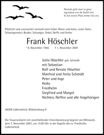 Traueranzeige von Frank Höschler von Tageszeitung